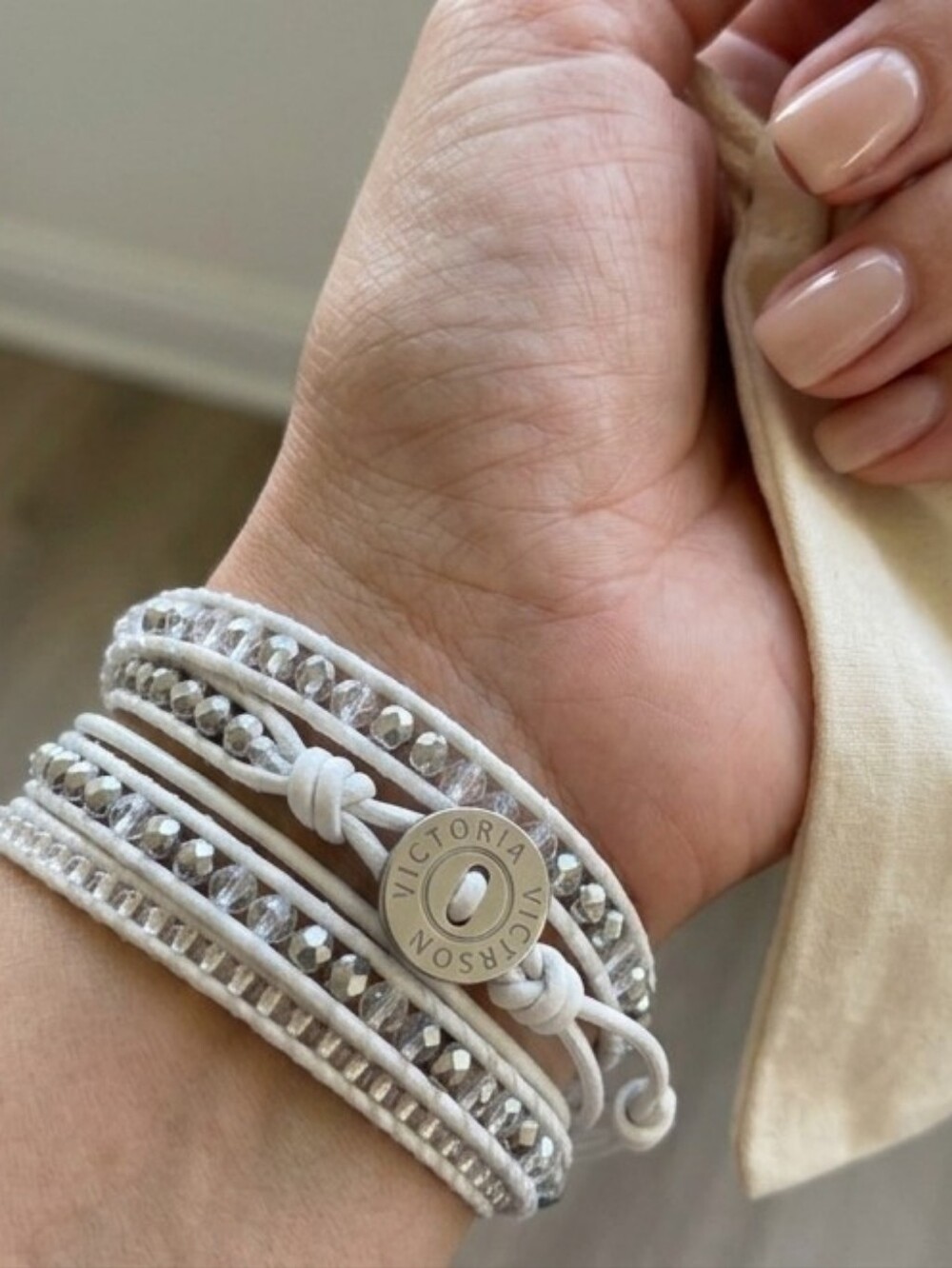Victoria Emerson White Leather & Silver Bead Wrap Bracelet NWT on Model Clasp